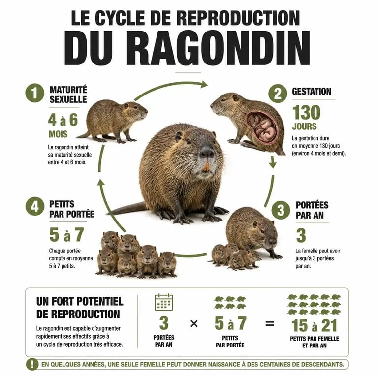 Infographie du cycle de reproduction du ragondin et sa prolifération
