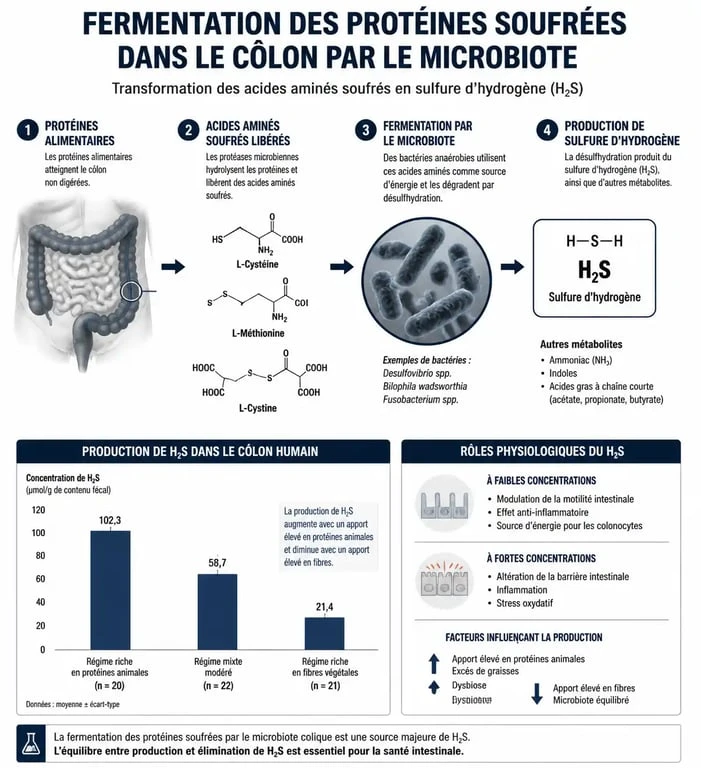 Schéma explicatif de la formation des gaz intestinaux et du pet qui sent l'oeuf pourri dans le système digestif