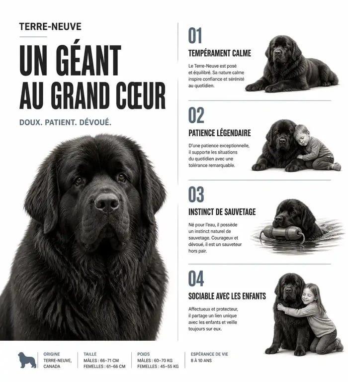 Infographie des traits de caractère du Terre-Neuve : un chien calme, patient et protecteur