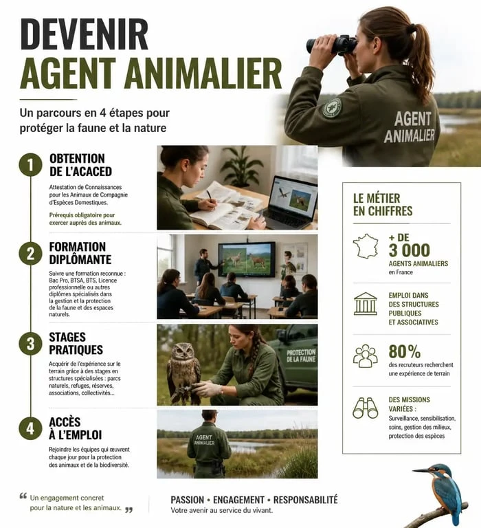 Infographie du parcours de formation pour devenir agent animalier