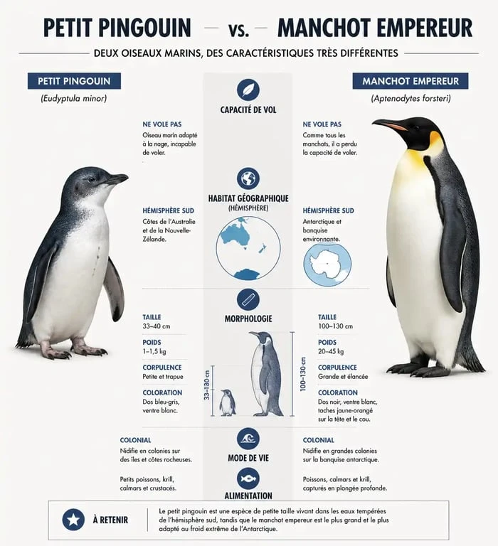 Infographie comparative des différences entre pingouin et manchot