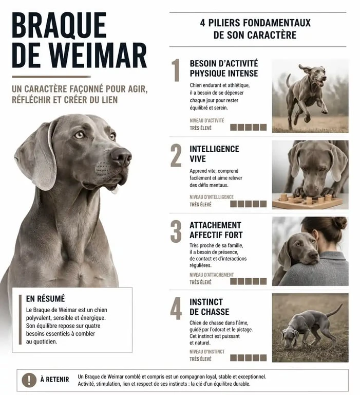Infographie récapitulative du caractère du Braque de Weimar et de ses besoins quotidiens