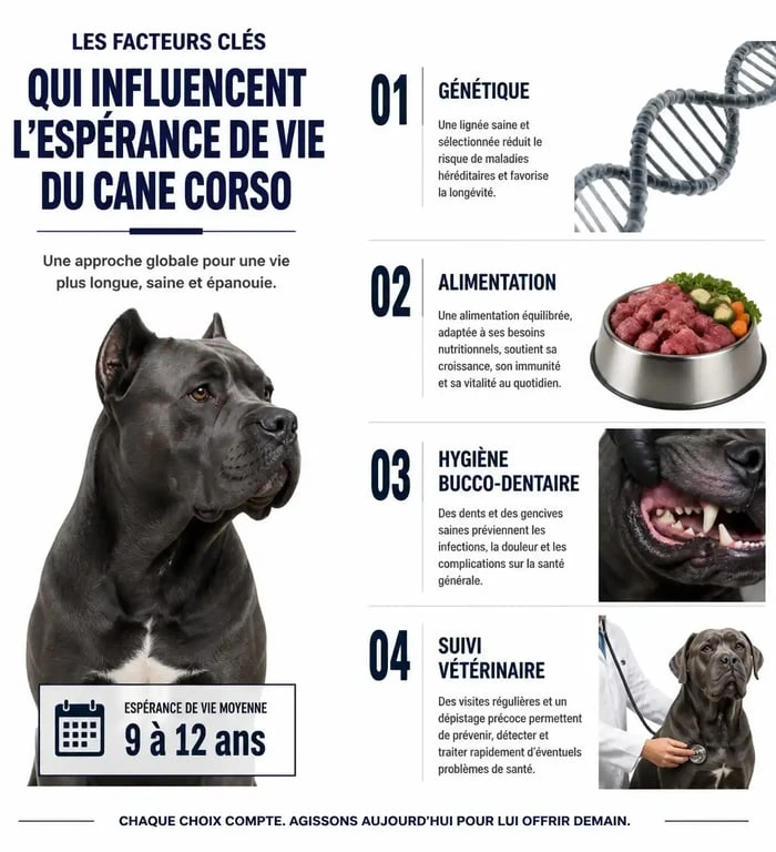 Infographie des facteurs de longévité pour l'espérance de vie du Cane Corso