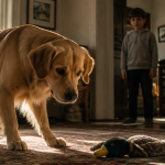 golden retriever dangereux avec jouet dans salon
