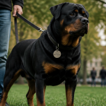 gros rottweiler adulte en laisse
