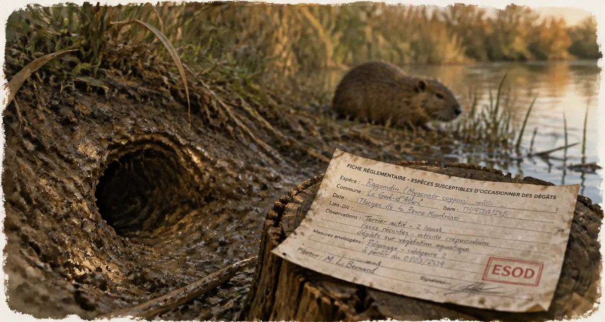 Ragondin espèce protégée : terrier près des berges d’un cours d’eau