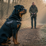 Rottweiler adulte assis sur un sentier forestier