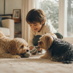 yorkie poo poo sur tapis avec enfant et chiens