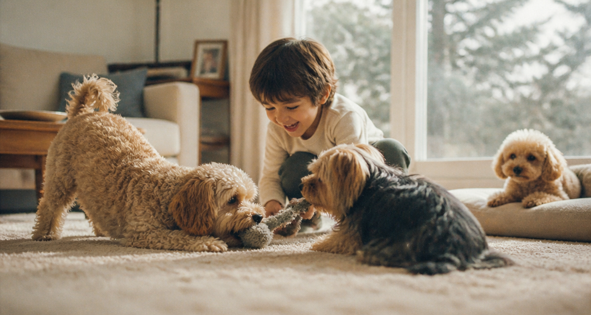 yorkie poo poo sur tapis avec enfant et chiens