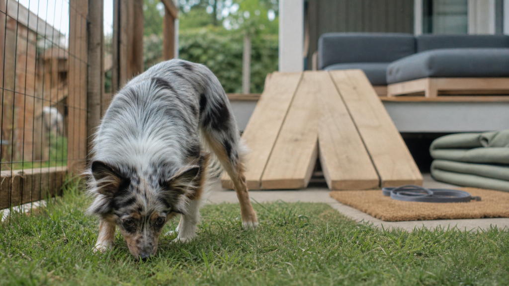 Australian shepherd corgi, chiot à courtes pattes renifle l’herbe dans un jardin