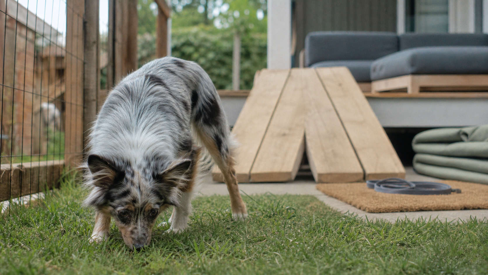 Australian shepherd corgi, chiot à courtes pattes renifle l’herbe dans un jardin