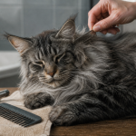 Toilettage maine coon : peigne sur pelage, nœud près de l’oreille