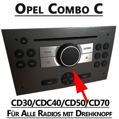 Einstiegsbild eines Opel Combo C Autoradios mit Drehknopf und CAN-B Adapter.