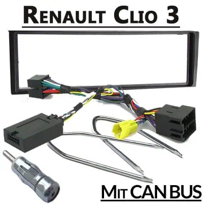CAN-Bus Autoradio Adapter für Renault Clio 3, Kabel, Stecker und Rahmen.