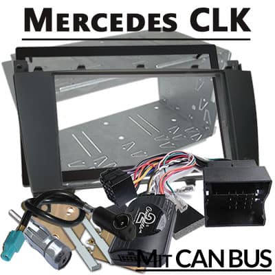 Vorderansicht eines Mercedes-Benz Autoradio-Adapters mit CAN-Bus-Unterstützung, inklusive Kabel und Montagezubehör.