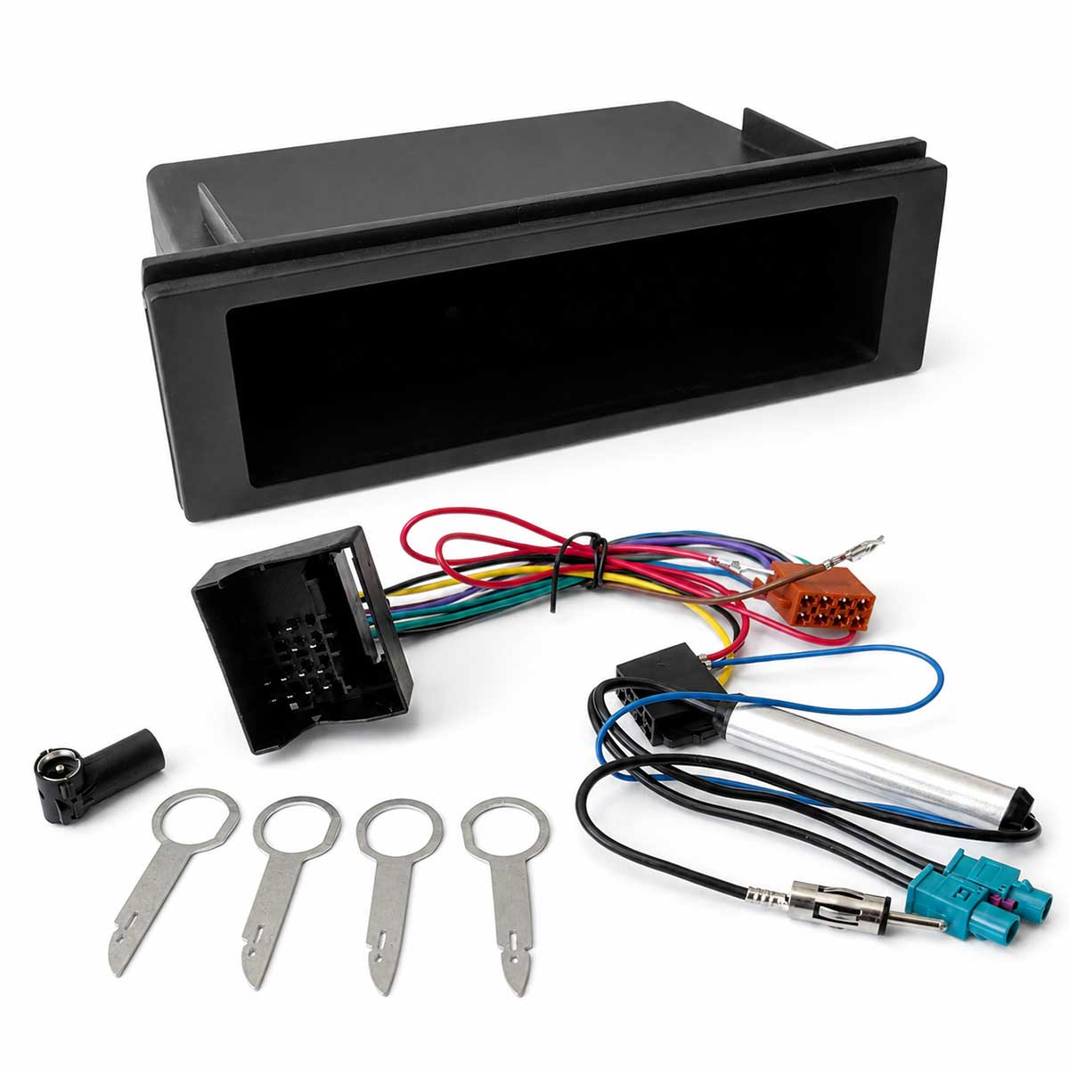 VW T5 1 DIN Fach Einbauset mit Ablagefach, Quadlock-ISO Adapter, Doppel-Fakra Antennenadapter und Entriegelungsbügeln