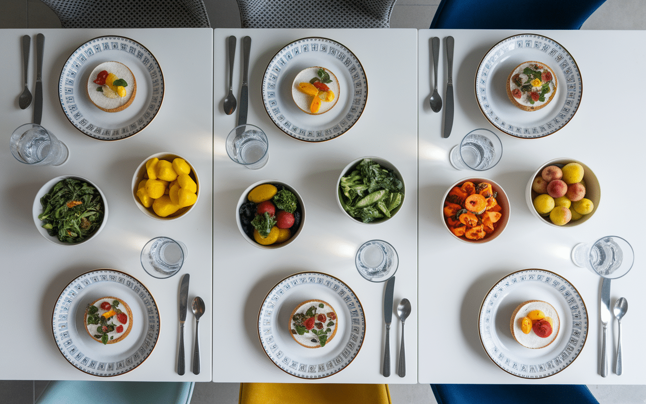 Assiettes alignées pour le menu régime militaire, 7 jours