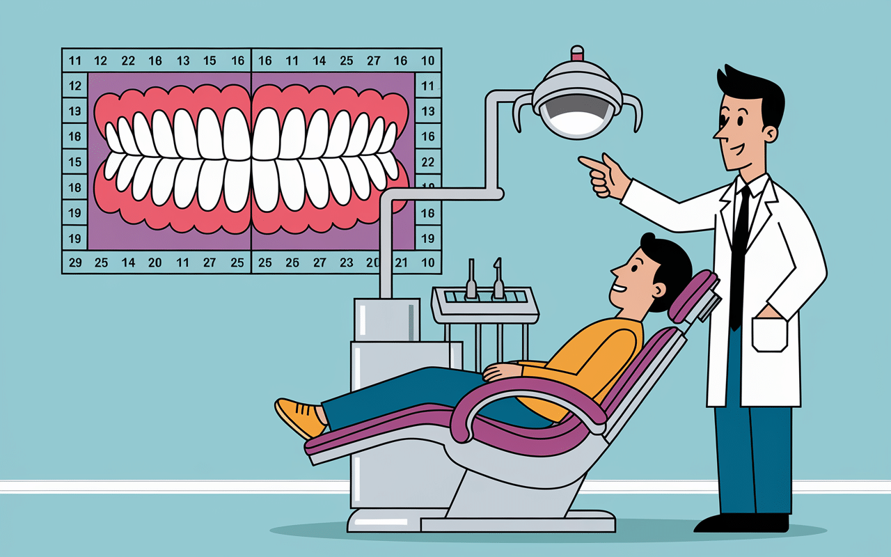 Dentiste montrant schéma numérotation dentaire