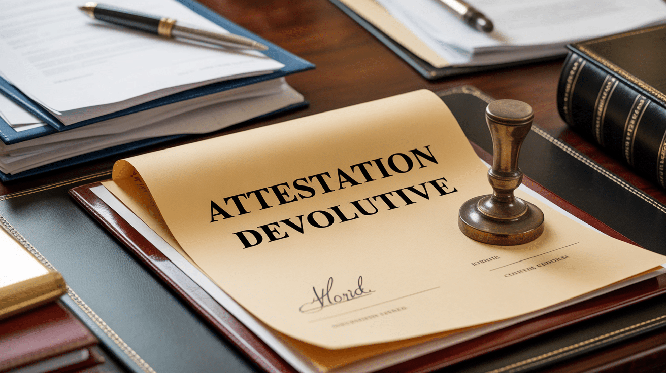 attestation dévolutive sur bureau notarial avec tampon