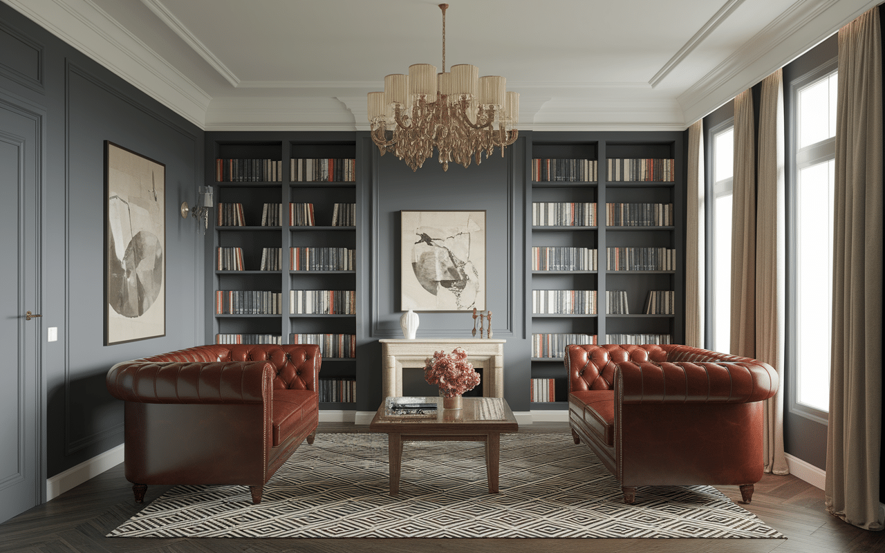 Salon maison londonienne avec déco style britannique Chesterfield et bibliothèque