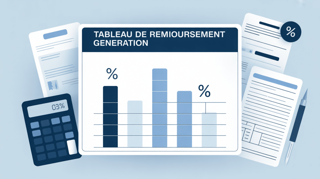 Illustration tableau remboursement mutuelle Génération avec calculatrice et documents médicaux