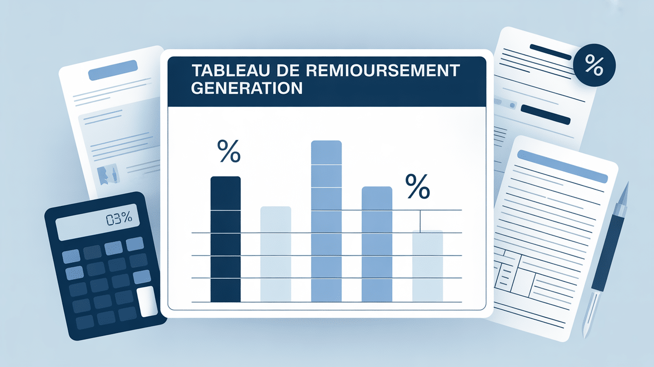 Illustration tableau remboursement mutuelle Génération avec calculatrice et documents médicaux