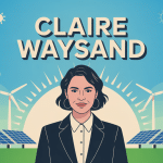 Portrait claire waysand devant éoliennes et panneaux solaires