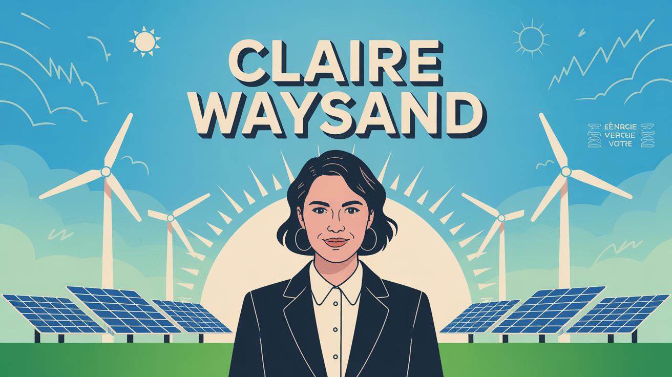 Portrait claire waysand devant éoliennes et panneaux solaires