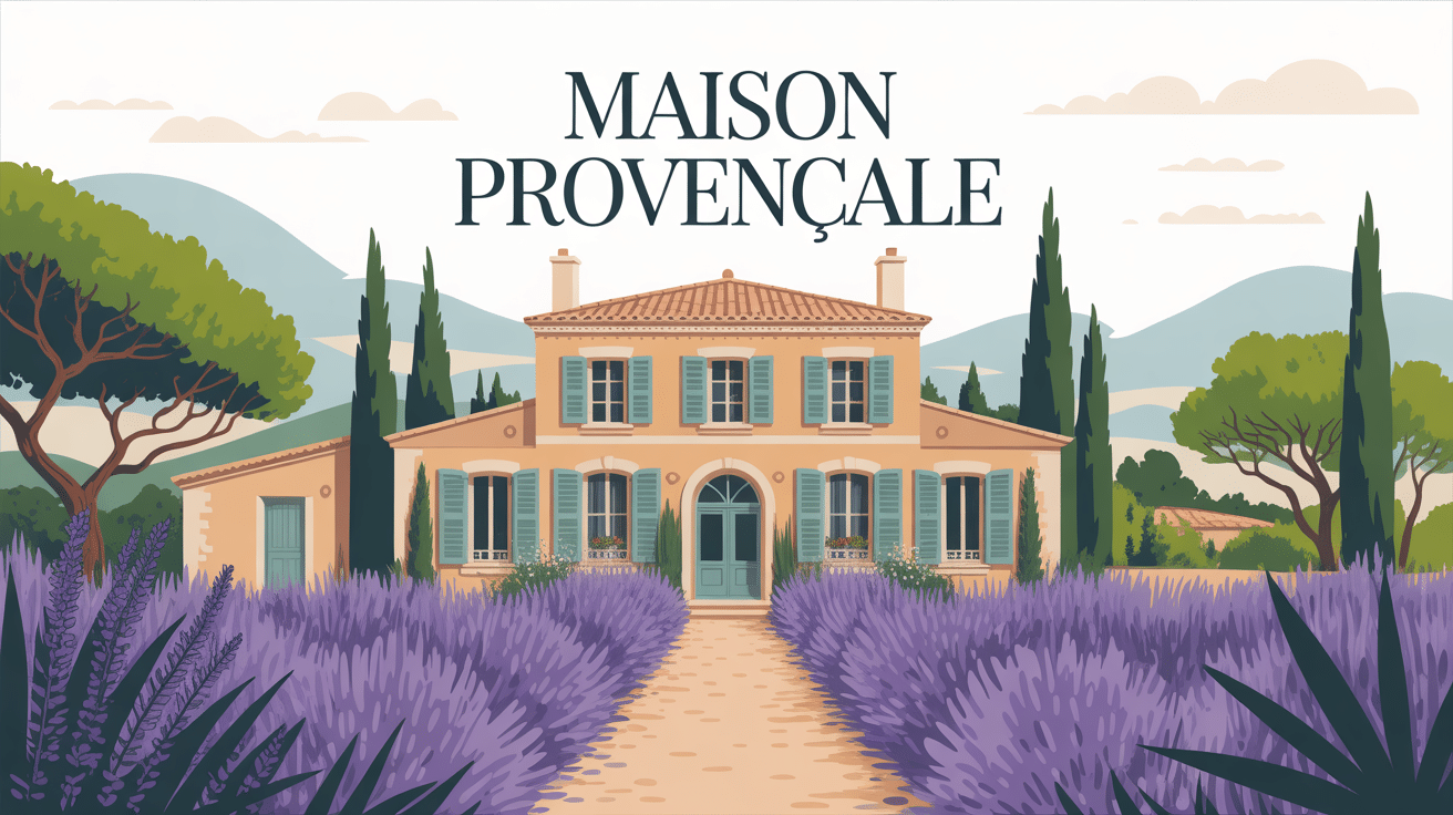 Illustration centrale maison provencale façade tuiles jardin olive