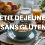 Petit déjeuner sans gluten sur table avec fruits, céréales et pain grille