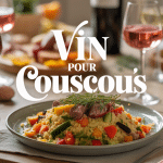 Table avec couscous et vins pour couscous, ambiance méditerranéenne