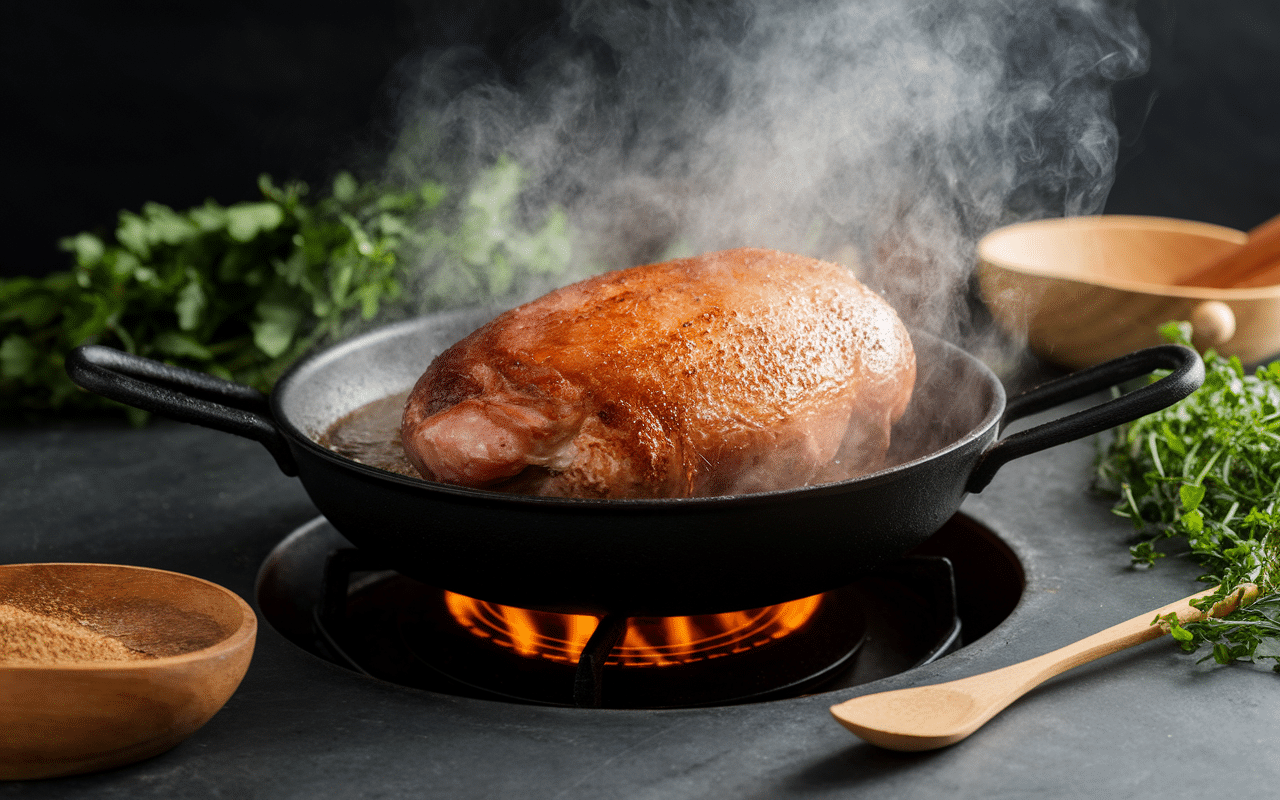 Araignée de porc dorée cuisson poêle fonte cuisine