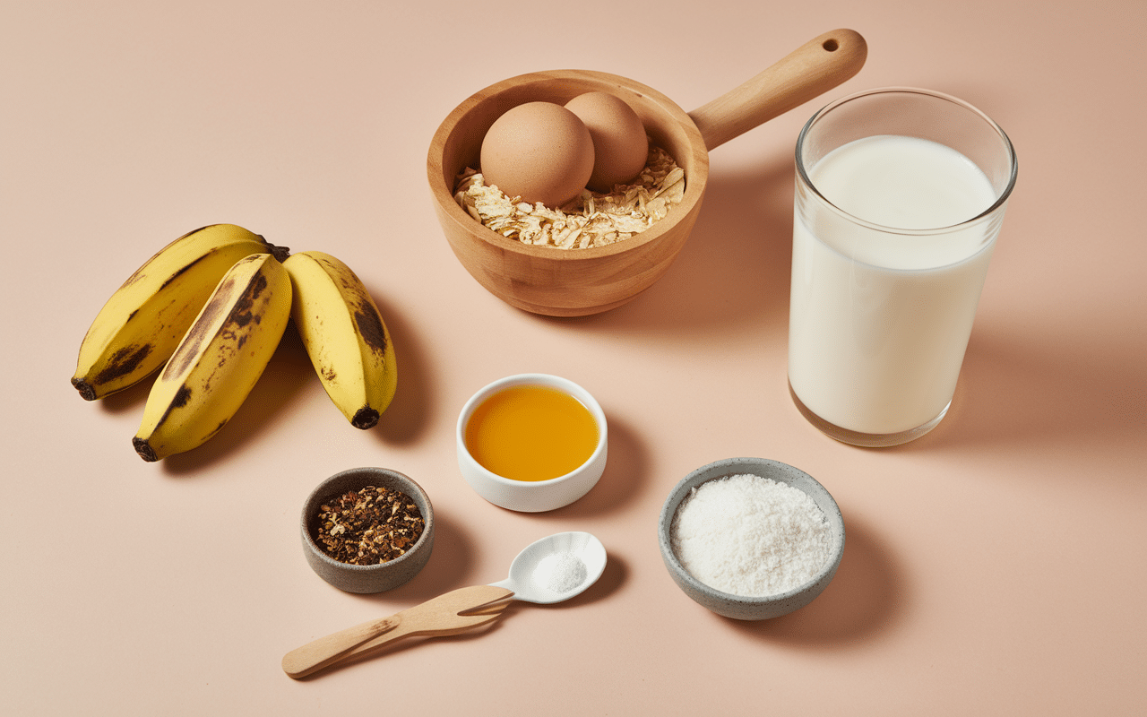 ingrédients moelleux flocons d’avoine banane sur plan de travail