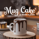 Mug cake chocolat en poudre vapeur sur table bois