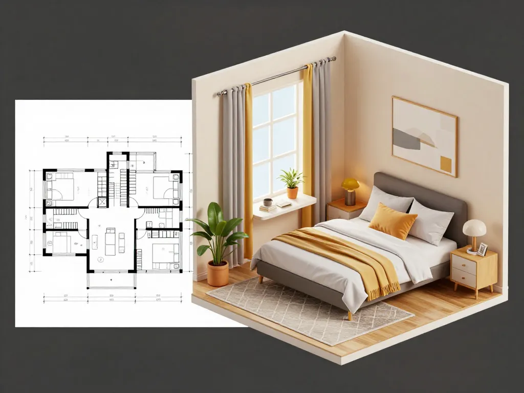 Comparatif chambre en 3d entre plan et visualisation