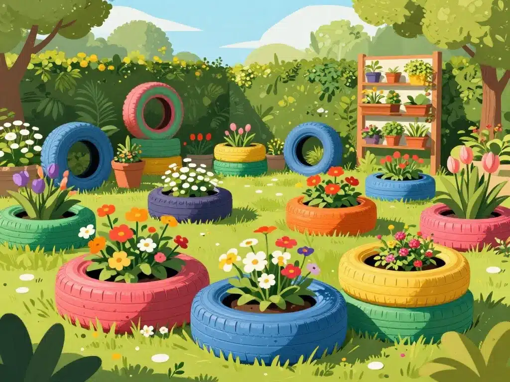 Idees deco exterieur avec des pneus recycle jardin