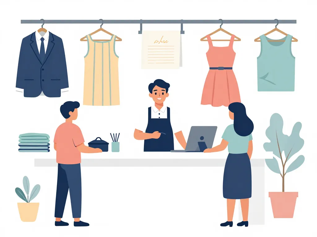 scène services pressing sautel avec vêtements et clients