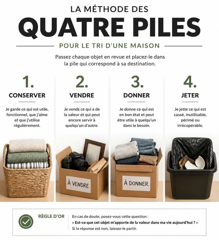 Infographie méthode tri vidage maison quatre piles