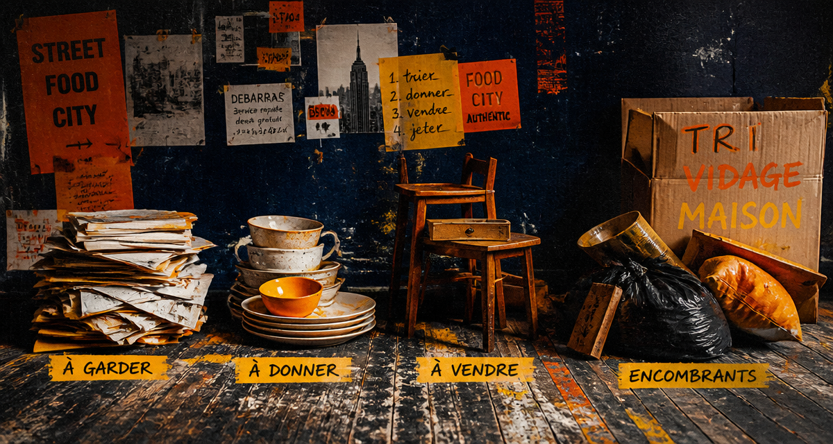 Vidage maison avec piles objets triées sur parquet