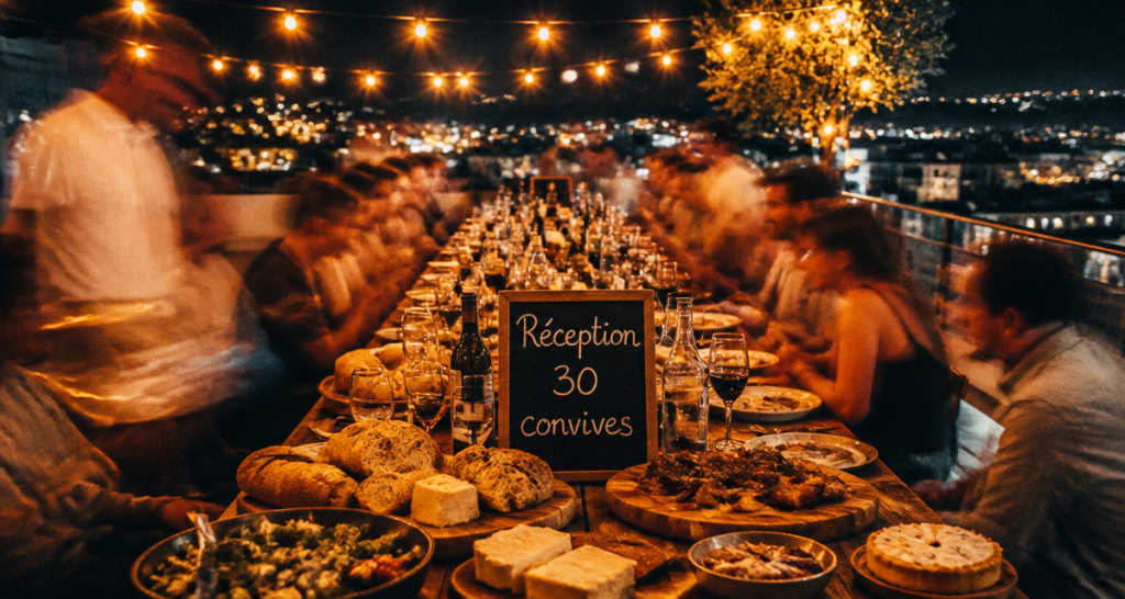 repas pour 30 personnes ambiance festive terrasse