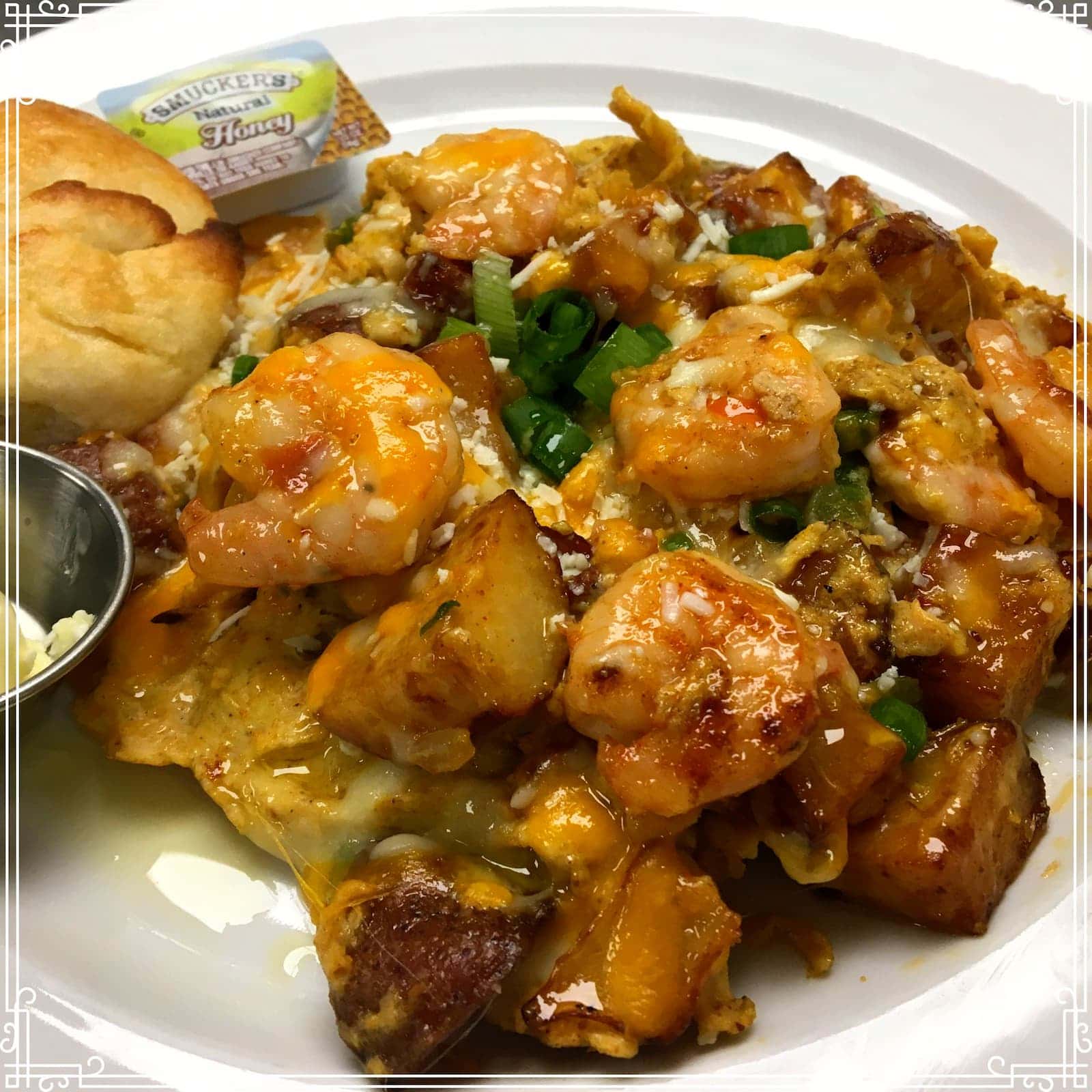 Sauteed shrimp scramble breakfast special at Bailey's Breakfast & Lunch