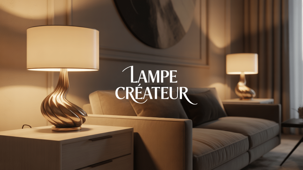 Lampe createur de designer contemporaine sur table, ambiance chaleureuse