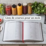 liste de courses type pour 1 mois carnet et produits sur plan de travail