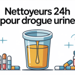 Illustration nettoyeur 24h drogue urine avec pilules et flacons