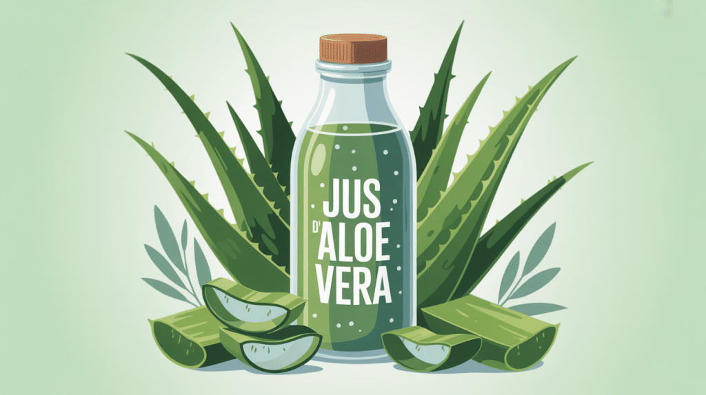 Bienfait du jus aloe vera bouteille et feuilles stylisées