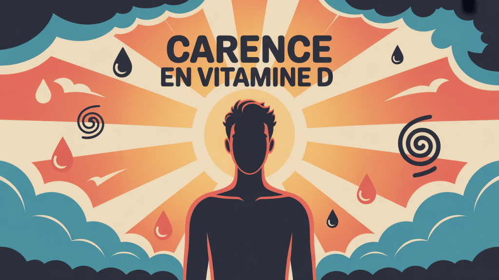Illustration carence vitamine D et stress, personnage central et symboles