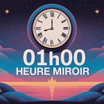 Illustration mystique 01h00 signification, horloge stylisée et ambiance spirituelle