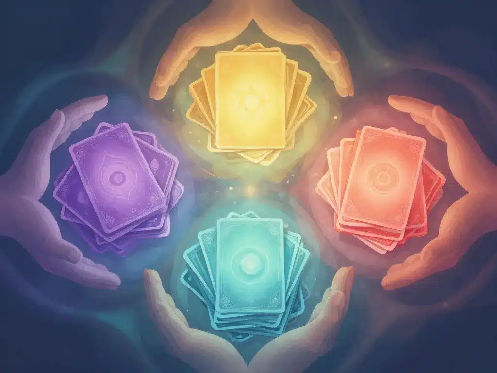 Schéma symbolique poignée tarot à 3, trois tas cartes, énergies distinctes