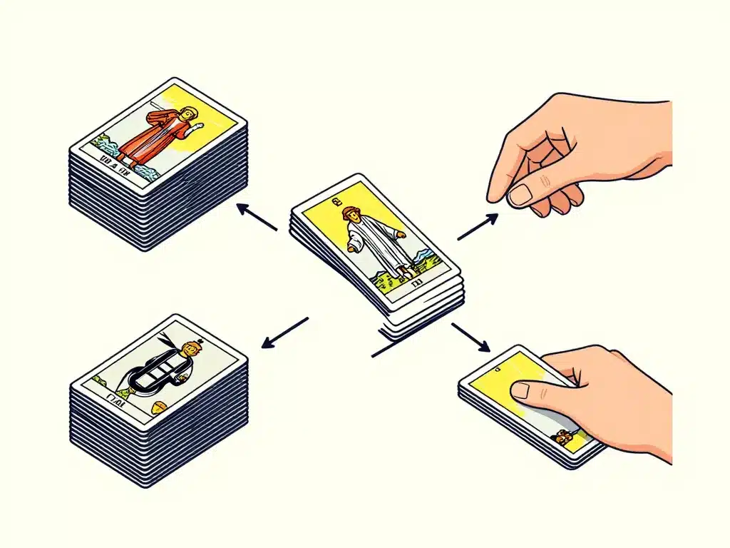 Diagramme pas à pas poignée tarot à 3, division jeu, mains illustrées