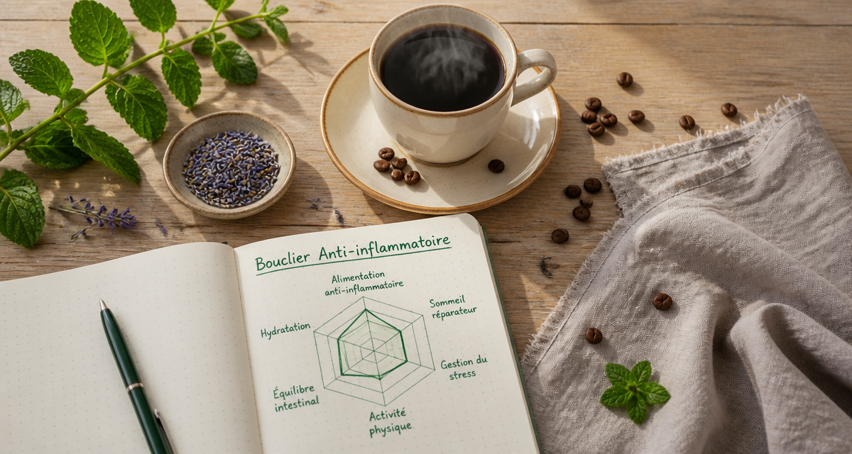 Café et inflammation, tasse sur table bois, graphique santé